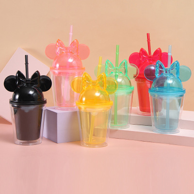 New Double Wall Cooling Plastic Cup Creative Minnie Bow Lid Water Cup Transparent Children 'S Straw Cup Gift Wholesale