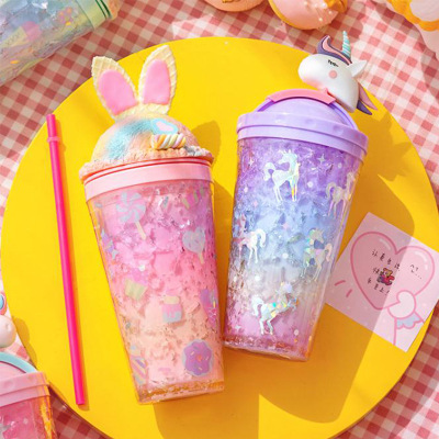 Ice Cup Internet Celebrity Korean Girly Rabbit Cup with Straw Cute Double Layer Iced Ice Crushing Plastic Water Cup