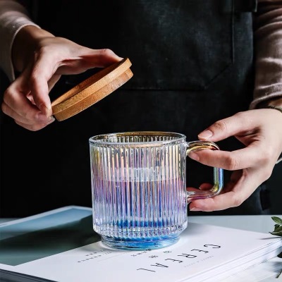 Lvdian Nordic Stripes Glass Mug Creative Colorful Glass Tea Cup with Lid Juice Cup Glass Tableware