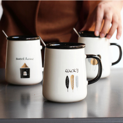 Creative Leisure Life Mug with Cover Spoon Couple Cup Simple Ceramic Cup Artistic Coffee Cup