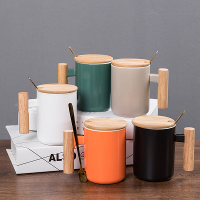 Modern Simple Straight Ceramic Wooden Handle Mug Office Coffee Cup Literary Style Drinking Cup Gift Box Logo