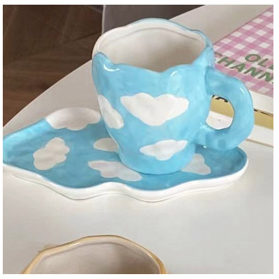 New Ins Hand Pinch Cup Hand Painted Blue Sky White Clouds Cup Ceramic Afternoon Tea Snack Plate Breakfast Milk Cup