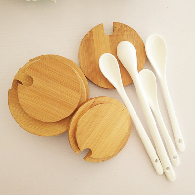 Cup Lid Pottery Ceramic Spoon Mug Lid Bamboo Cover Dustproof Wooden Lid Ceramic Spoon Soup Spoon