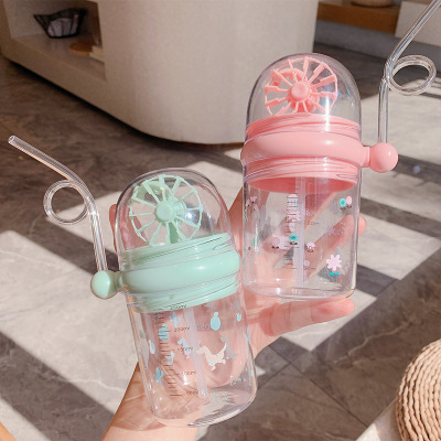 with Straw Windmill Cup Online Influencer Cute Children's Plastic Cup with Scale DropProof and Portable Creative Glass