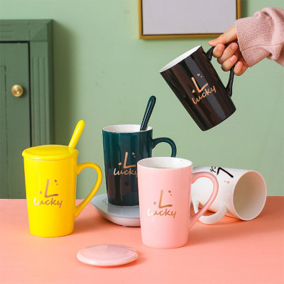Creative Ceramic Mug with Cover Spoon Trend Drinking Cup Gift Set Company Customer Enterprise Gift Cup