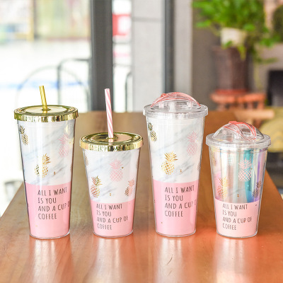 Flat Lid Double Layer Pineapple Bronzing Slide Cover Cup with Straw Creative Fruit Drink Cup Transparent Plastic Cup