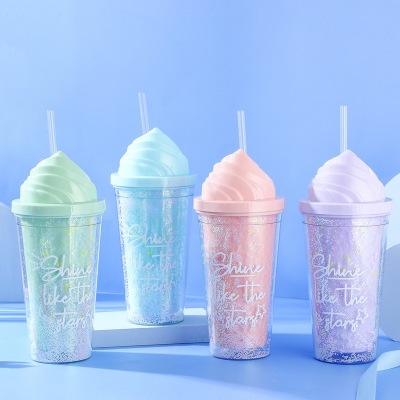 Summer Ice Glass Summer Water Glass Internet Celebrity Straw Cup Cool Drinks Cup Ice Cream Cup Male and Female Cute Creative Suction Cup