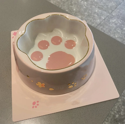 Snatched Goods Pink Cat's Paw Pet Bowl Cherry Cat Bowl Dog Basin Dog Bowl Cat Water Bowl Anti-Tumble Rice Basin