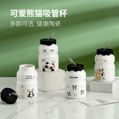 Good-looking Ins Style Mark Cup with Cover Spoon Creative Niche Cute Simple Ceramic Cup Large Capacity Cup with Straw