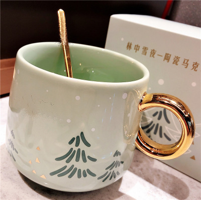 Costa Forest Snow Moon Ceramic Mug with Spoon Set Cute Light Luxury Girl Coffee Cup Japanese Style Gift Cup