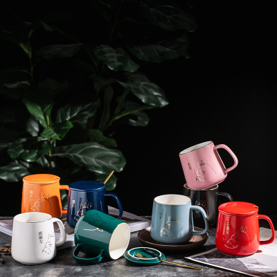 In Stock Wholesale Cup Ceramic Mug Japanese Water Cup Student Coffee Cup with Lid Household Gift Cup Gift Box