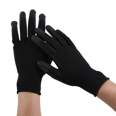 Factory Direct Supply Pu Immersion Palm Cotton Gloves with Rubber Dimples White Black Pu Coated Palm Anti-Slip Industrial Electronics Factory Dust-Free Work Gloves