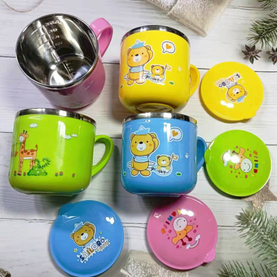 Stainless Steel Mug Baby Water Glass Children's Drinking Cup Kindergarten Milk Cup with Scale Double Layer Cartoon Cup