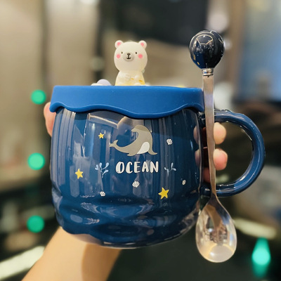 Cute Polar Bear Ceramic Cup with Cover Spoon Girl Heart Student Dormitory Office Drinking Cup Breakfast Oat Cup