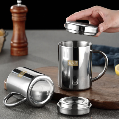 304 Stainless Steel Mug Cup DoubleLayer Insulated Household Water Cup Coffee Cup Children's Cups with Lid CrossBorder
