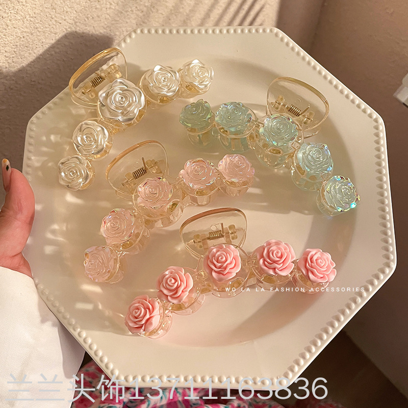 山茶花发夹女后脑勺大号玫瑰花抓夹韩国网红优雅气质鲨鱼夹子头饰