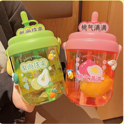 Trending Cartoon Plastic Cup with Straw with Rope Handle Children Portable Student Handy Couple Cup Girl Office Cup