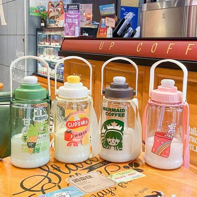 Large Capacity Cartoon Big Belly Plastic Cup with Straw Student Portable Fitness Sports Water Bottle Stickers Travel Space Bottle
