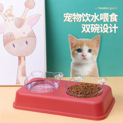 Dog Bowl Dog Basin Cat Bowl Cat Food Holder Dog Anti-Tumble Double Bowl Cat Small and Medium-Sized Dogs Transparent Double Bowl Pet Supplies