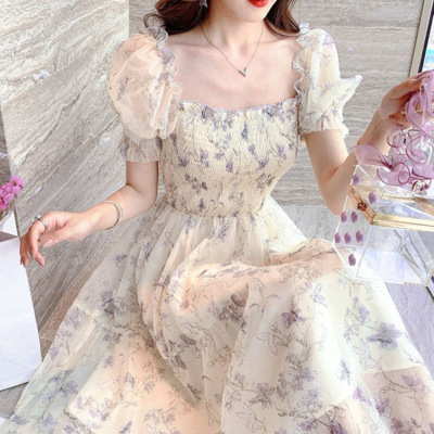 Summer New French Ink Painting Bubble Sleeve Waist Slimming Elegant Lady Floral Chiffon Dress Women's Clothing