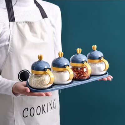 Household Japanese-Style Moisture-Proof Salt and Sugar with Lid Seasoning Box Kitchen Sealed Seasoning Jar Glass Four-Grid Condiment Dispenser Set