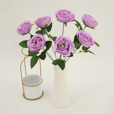 [Factory Self-Sales] Simulation 7-Head Happy Rose Wedding Hall Ornamental Flower Rows of Artificial Flowers 7 Fork Bunch of Roses