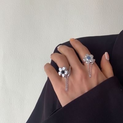 Cute Girlish Style Metal Flower Tassel Ring Japanese and Korean Open Ring Niche French Sweet Online Influencer Ring