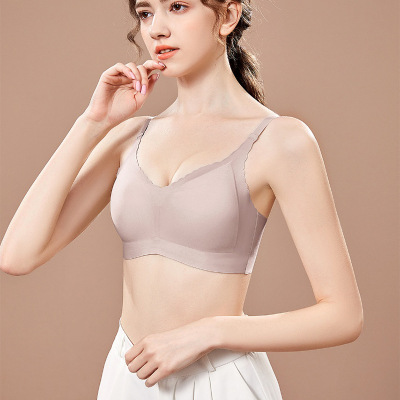 Seamless Underwear Women's Summer Thin Big Breast Small Wireless Gathering Vest Anti-Sagging Sports Large Size Bra