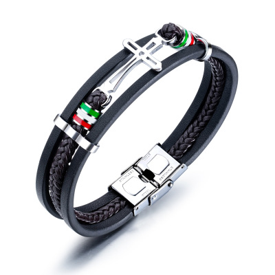 Cross Accessories Men's Leather Bracelet Retro Multi-Layer Braided Bracelet Titanium Steel Leather Cord Bracelet