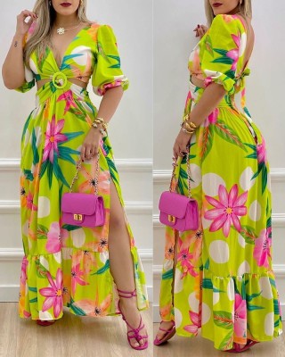 Summer New Half Turtleneck Dress Mid Waist Strap Type Retro Colored Printing Long Dress