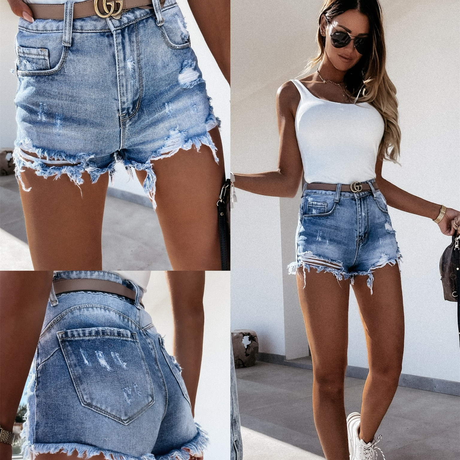 亚马逊欧美跨境女士牛仔短裤破洞性感牛仔短裤女热裤外贸牛仔裤