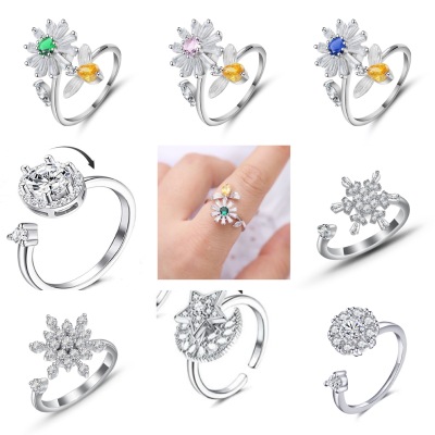 Border Hot Selling Personality AllMatch Rotatable Adjustable Anxiety Relieving Stress Silver Plated Zircon Ring Whole