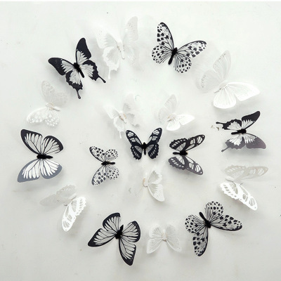 18 PCs Black and White, Colored Glitter Three-Dimensional Butterfly Wall Sticker Living Room Bedroom Wall Decoration Stickers Wall Layout Creative