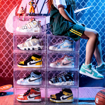 Shoe Store Basketball Fashion Brand Side Open Shoe Box Plastic Pet Transparent Magnetic Door Sneakers Home Display Organizer