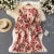 French Romantic Slimming V-Neckline Waist Trimming Lace up Ruffled Dress Women's Sweet Pleated Skirt Large Swing Floral Skirt