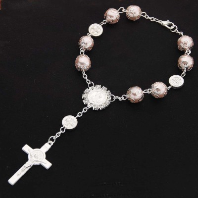 Cross-Border Hot Selling Christian Glass Pearl Bracelet Cross Catholic Silver Rosary Bracelet Religious Ornament