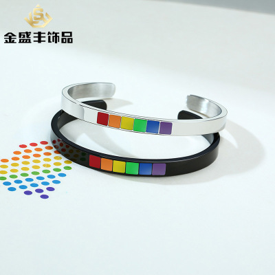 Stainless Steel Rainbow Epoxy C- Shaped Open-Ended Bracelet Titanium Steel European And American Style Jewelry PB-063