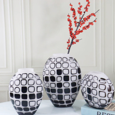 Simple Modern Geometric Frosted Black and White Glass Vase Home Soft Outfit Crafts Small Caliber Big Belly Flower Container