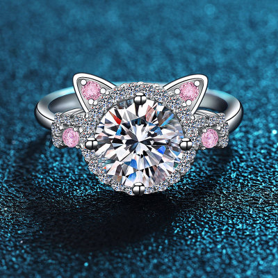 Sterling Silver Moissanite 2 Karat Cute Kitten Ring Female Pink Cat's Paw Diamond Ring Live Broadcast Cute Cat Open Ring