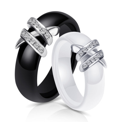 Europe and America Creative Ceramic Black and White Double X Diamond Titanium Steel Ring Student AllMatch Whole