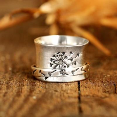 Wish New Retro Carved Dandelion Rotatable Ring European and American Trendy Flower Rotating Ring Decompression Ring