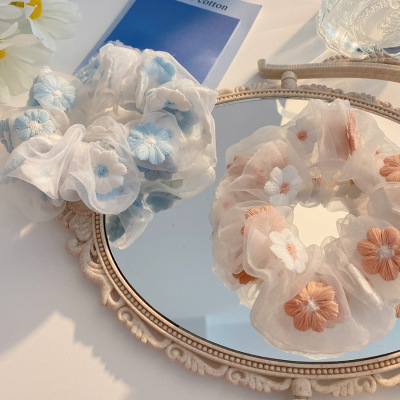 ~ Sweet Embroidery Flower Hairband Organza Large Intestine Ring Hair Rope Ins Mesh Head Rope Girls' Hair Accessories