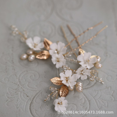 Ceramic White Flower Bridal High-End Hairpin Hairpin Exquisite Work Ins Simple Bridal Hair Styling Headdress