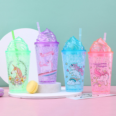 Creative Ice Cream Cover Double Layer Unicorn Ice Cup Internet Hot Fresh Summer Portable Straw Cup Customizable