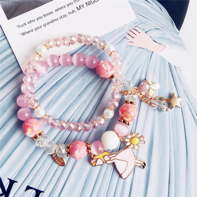 2-Piece Set Pink Opal Natural Stone Pink Crystal Dancing Girl Flower Mushroom XINGX Multi-Element Bracelet Bracelet