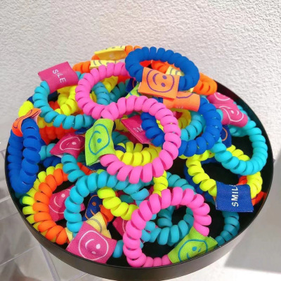 Hair Ring Fluorescent Color Smiley Face Cloth Label Hair Rope Does Not Hurt Hair TPU Elastic Hair Rope Frosted Headdress