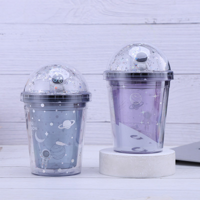 New Outer Space Astronauts Double-Layer Plastic Cup Creative Interstellar Roaming Internet Celebrity Cup with Straw Summer Gift Cup