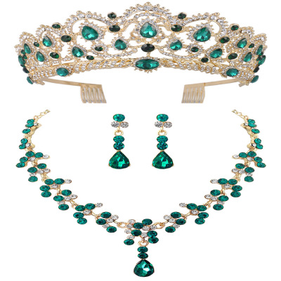 Green New Bridal Headdress Necklace Three-Piece Crown Wedding Accessories Bridal Set Factory in Stock Wholesale