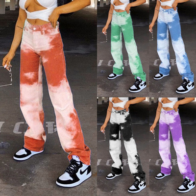 Women 'S New Slimming Blue Sky And White Clouds Leisure Street Shot Hipster Hip Hop High Waist Straight Tie Dye Pants