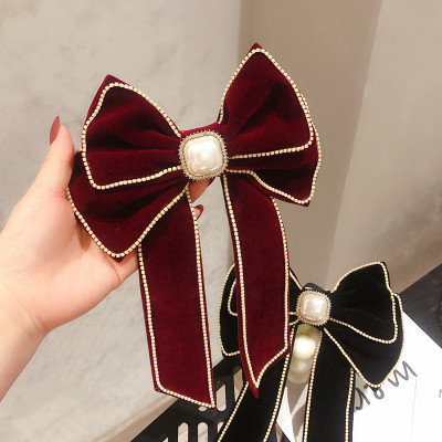 Autumn and Winter New Big Bow Suede Inlaid Pearl Edge Edge Double Bow Ribbon Spring Clip Girl Head Clip